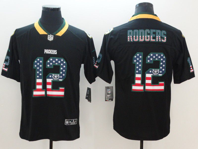 Men Green Bay Packers #12 Rodgers Nike USA Flag Fashion Black Color Rush Limited NFL Jersey